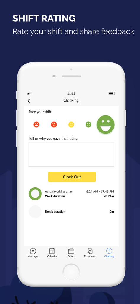 Schermata dell'app mobile che mostra la valutazione del turno del dipendente con emoji e un pulsante di clock-out