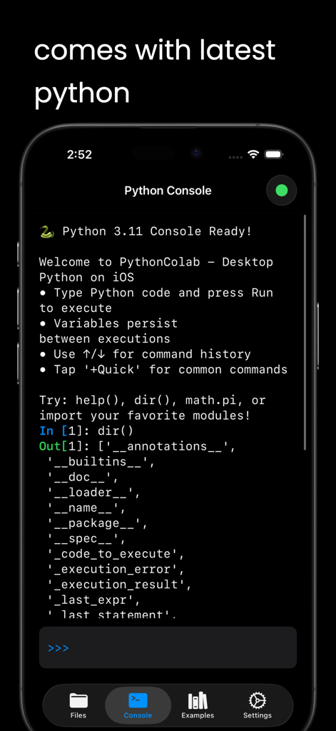 Interface do console Python 3.11 no aplicativo móvel JuCode mostrando a execução de código e o histórico de comandos