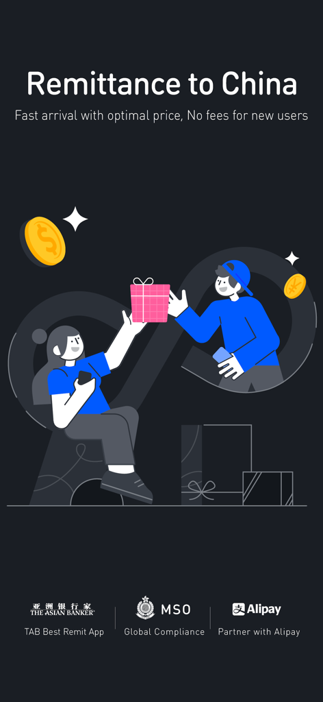 xCurrency app screen promoting fast remittance to China with Alipay partnership and no fees for new users.