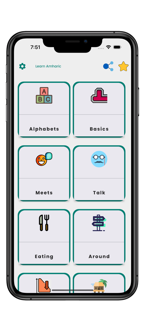Pantalla del menú principal de la aplicación Aprende Amárico mostrando categorías de lecciones como Alfabetos, Básico y Comidas.