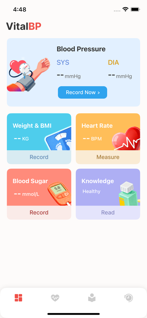 VitalBP: Heart Rate Monitor - VitalBP app dashboard with sections for blood pressure heart rate weight and blood sugar tracking