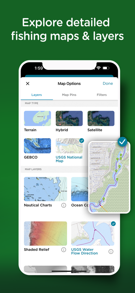 Fishing Spots - Fish Maps - Bildschirm einer mobilen App, der verschiedene Angelkartenebenen anzeigt, darunter Seekarten, Satellitenansichten und Wasserflussrichtungen.