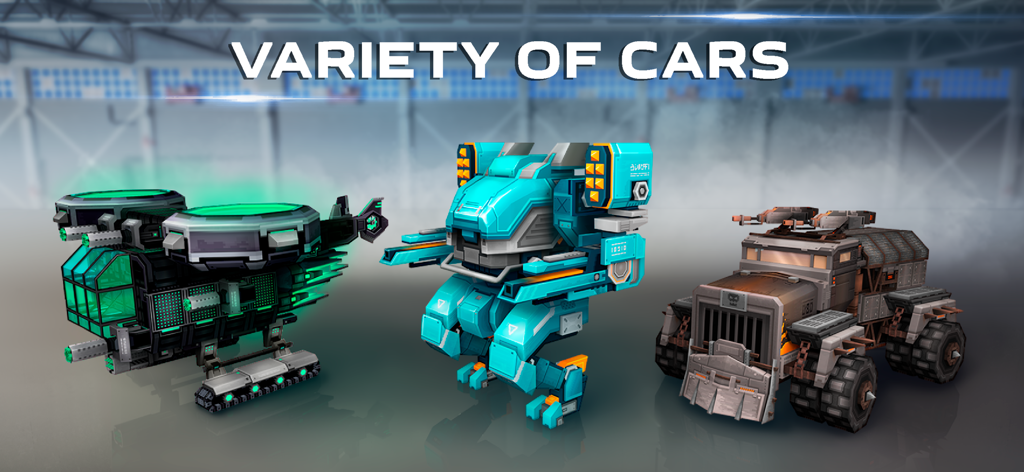 Blocky Cars - tank games - Exhibición de diferentes diseños de vehículos blocky, incluyendo un mecha azul y un tanque blindado