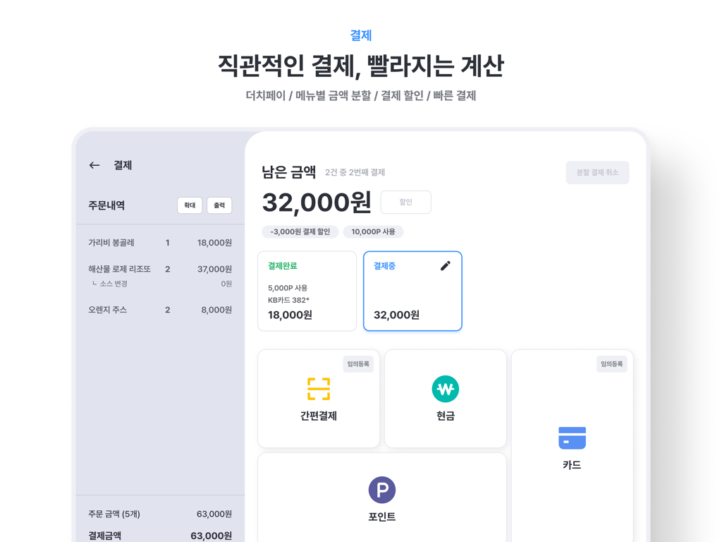 A clean and intuitive restaurant payment interface on an iPad showing order details and various payment options like card and cash.