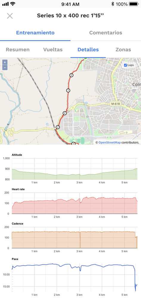 App interface displaying workout route map and performance data graphs