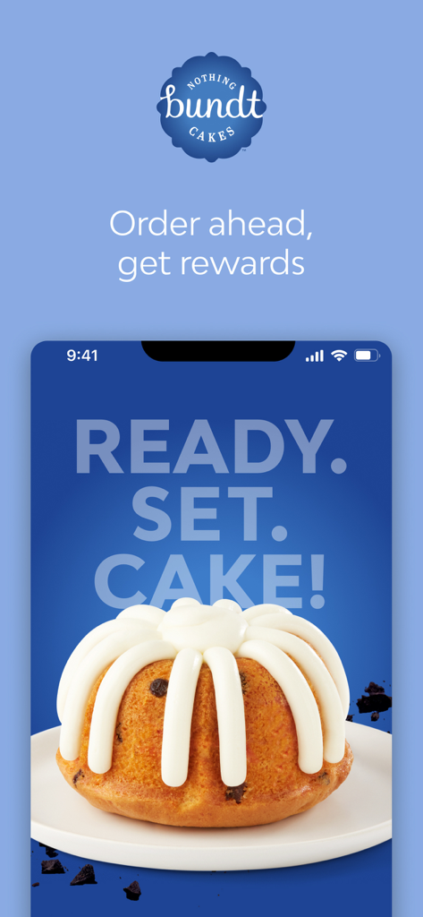 Nothing Bundt Cakes mobile app screen featuring a Bundtlet and rewards slogan