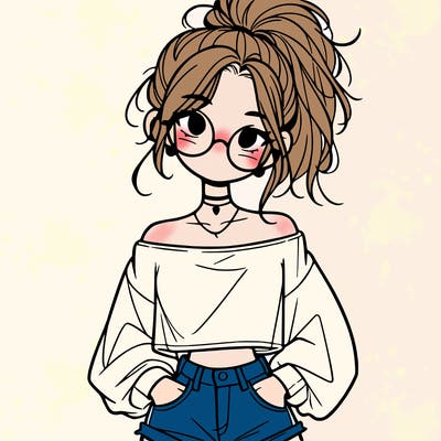 girl with a messy ponytail glasses a baggy crop top and jean shorts