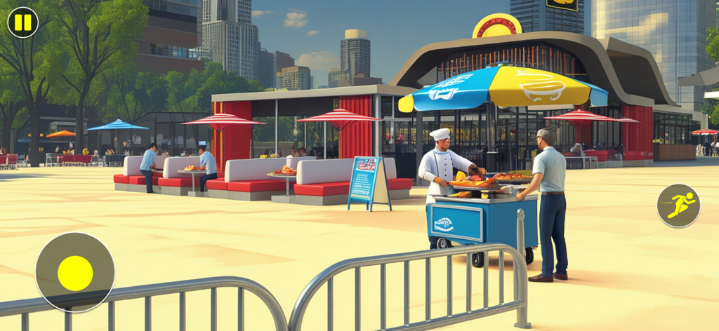 Cooking Quest Food Simulator! - A chef serving a customer at a food cart in an outdoor dining area from Cooking Quest Food Simulator