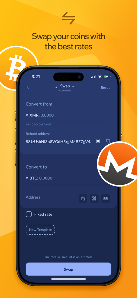 Interface de l'application mobile Cake Wallet montrant l'écran d'échange pour échanger Monero contre Bitcoin.