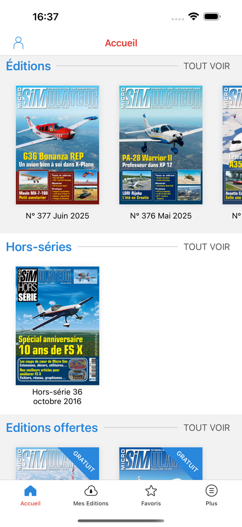 Pantalla de inicio de la aplicación Micro Sim mostrando portadas y ediciones de revistas digitales de simulación de vuelo