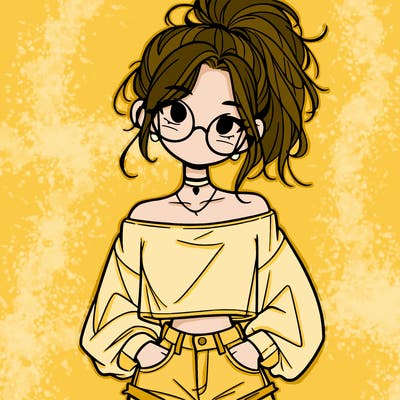 girl with a messy ponytail glasses a baggy crop top and jean shorts