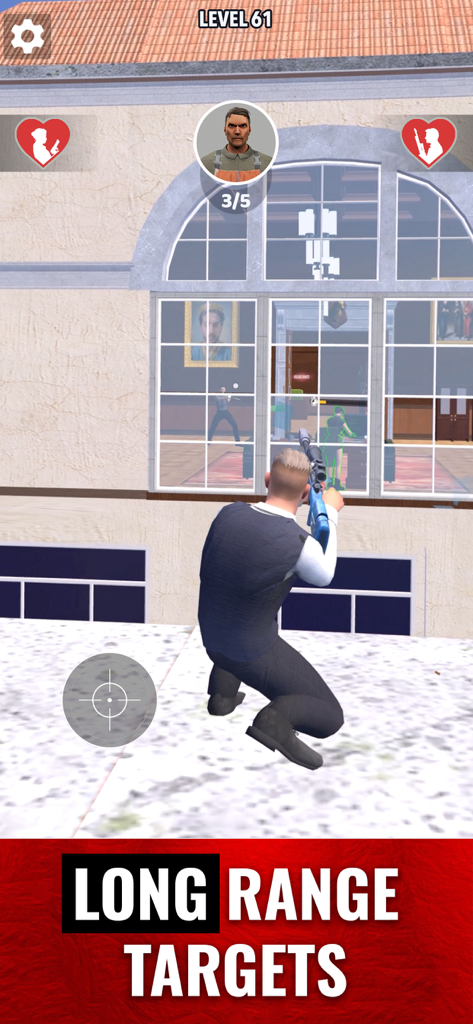 Mr and Mrs Shooter: City Hunt - Eine Figur zielt mit einem Scharfschützengewehr auf Ziele durch ein Fenster in Mr and Mrs Shooter City Hunt
