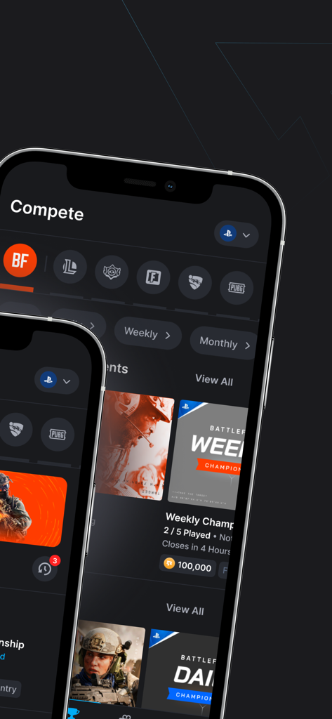 Interface of the Repeat.gg app displaying various competitive gaming tournaments for titles like Battlefield and PUBG on a mobile phone.