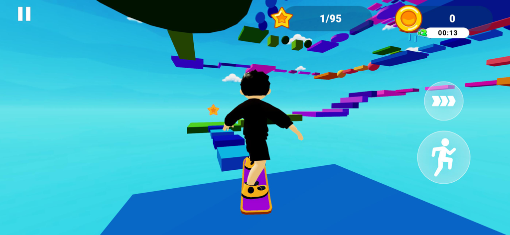 Parkour Fun: Obby Games Master - A character surfing on colorful floating platforms in a 3D sky obstacle course