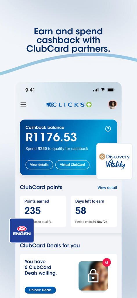 キャッシュバック残高とClubCard特典を示すClicksアプリのダッシュボード