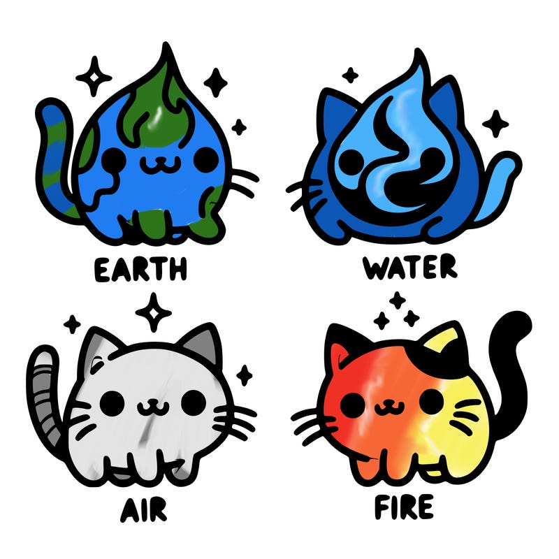 4 cats that represent the different elements, earth, water, air, and fire
