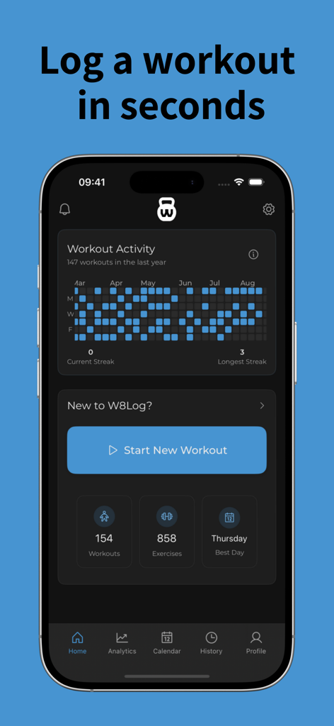 W8Log app home screen displaying a workout activity heatmap and exercise statistics in dark mode