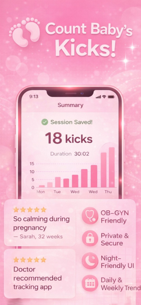 Baby Kick Counter - Tracker - Baby kick counter app interface showing a summary of 18 kicks and a weekly movement chart.