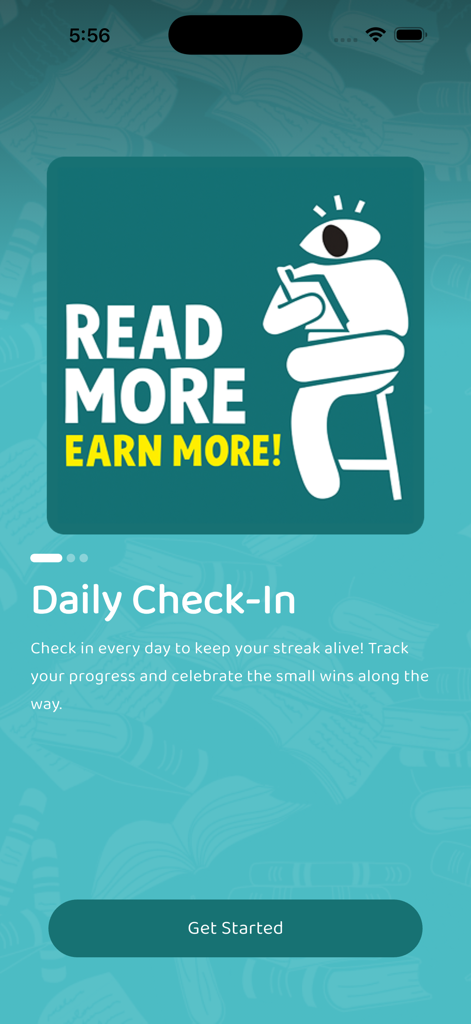 BookXcess - Onboarding screen of the BookXcess Loyalty App featuring the daily check-in reward system and a reading figure graphic.