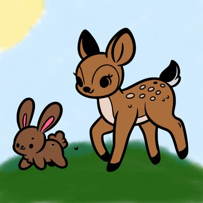 a fawn walking with a cute bunny