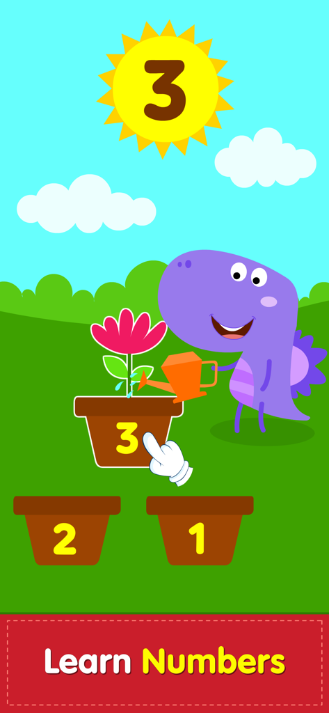 123 Number Math Games for Kids - Un dinosaurio morado regando una flor en una maceta etiquetada con el número tres en un juego de matemáticas educativo para niños.