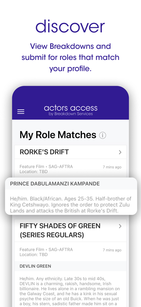 Actors Access mobile interface showing a list of audition role matches and character breakdowns.