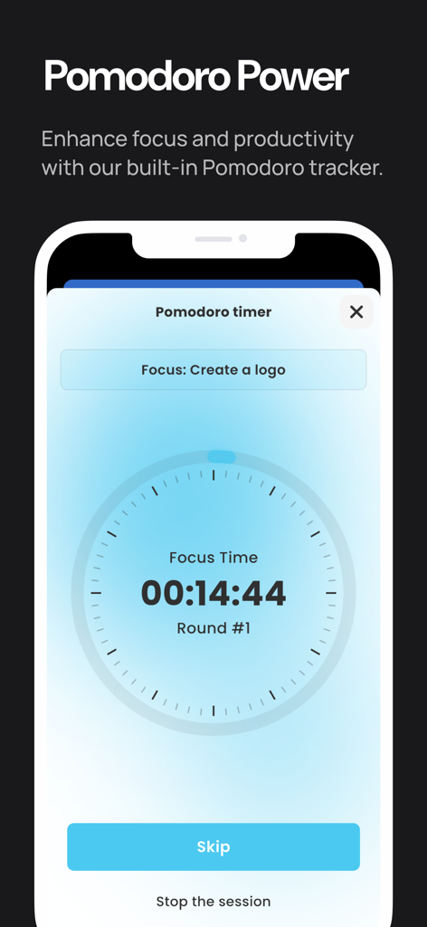 Blueprint - Project Management - Blueprint app Pomodoro timer interface showing a focus session countdown.