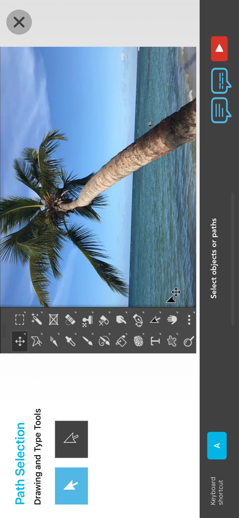 Learn Ps Tools - Screenshot des Tutorials für das Pfadauswahlwerkzeug in der Learn Ps Tools Mobile App, der das Werkzeugsymbol und die Tastenkombination zeigt