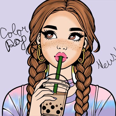 realistic girl with braided hair drinking boba