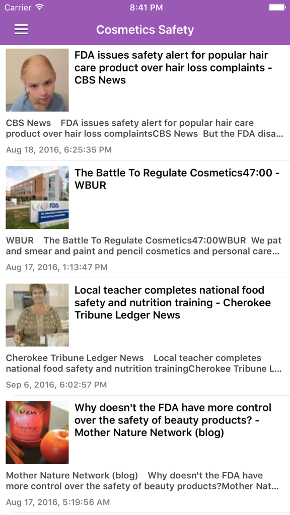 化粧品の安全性とFDA規制に関する記事を表示する、アプリ内のニュースフィード