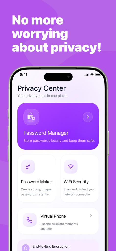 Prime Safety - Prime Safety app Privacy Center interface on an iPhone showing password manager and WiFi security features.