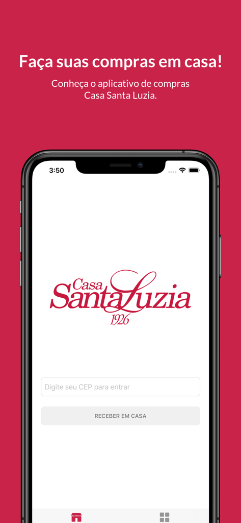 Casa Santa Luzia - Splash screen of the Casa Santa Luzia mobile app featuring the company logo and delivery address entry field.