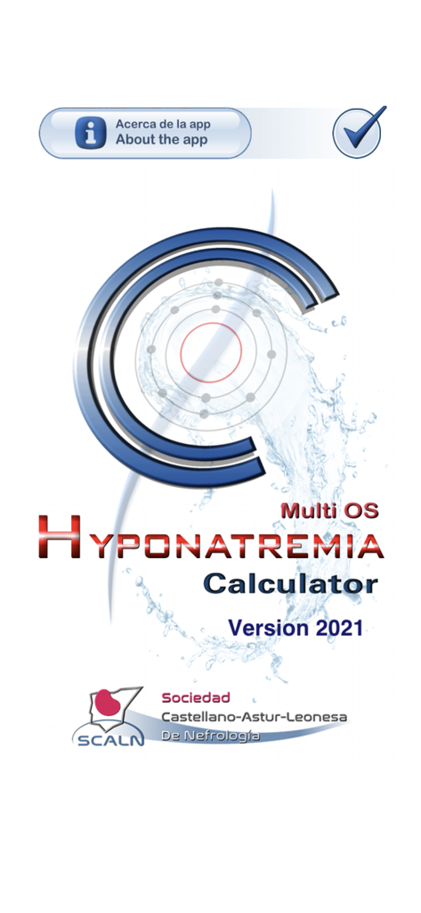 Hyponatremia Calculator - Hyponatremia Calculator app splash screen showing version 2021 and the Sociedad Castellano-Astur-Leonesa De Nefrologia logo