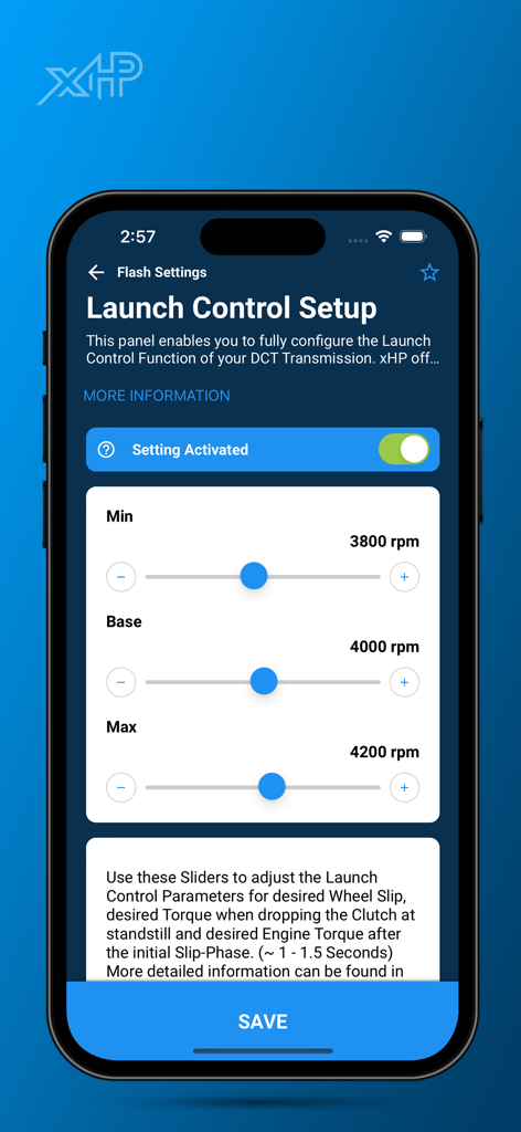 Interface of the xHP Flashtool app showing Launch Control Setup with sliders to adjust Min Base and Max RPM for vehicle transmission tuning.