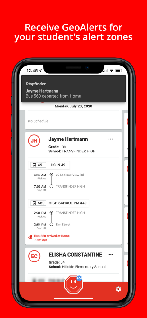 Stopfinder app screen showing student bus schedules and geoalert notifications