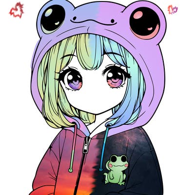 cute realistic girl in a froggy hoodie