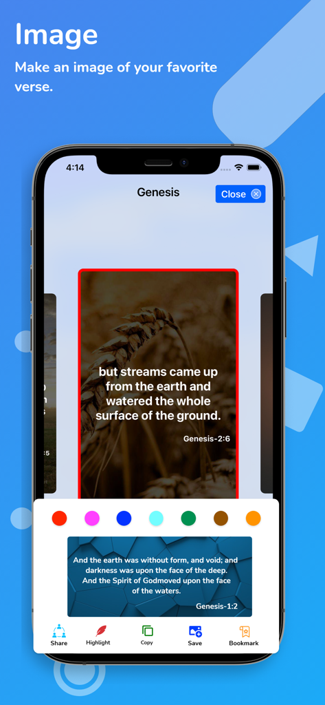 Amplified Bible (AMP) Audio* - Interface of the Amplified Bible app showing how to create a custom image from a Bible verse with background photos.