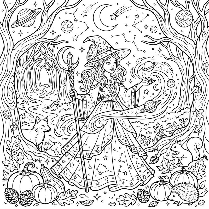 Step into a magical autumn forest where a celestial witch harnesses cosmic energies. This intricate coloring page blends the wonder of the cosmos with the cozy charm of fall, perfect for a relaxing creative escape.