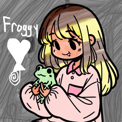 girl with long hair and a oversized shirt. and she is holding a frog