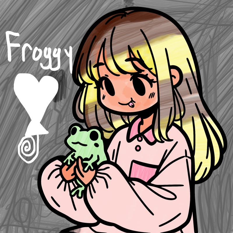 girl with long hair and a oversized shirt. and she is holding a frog