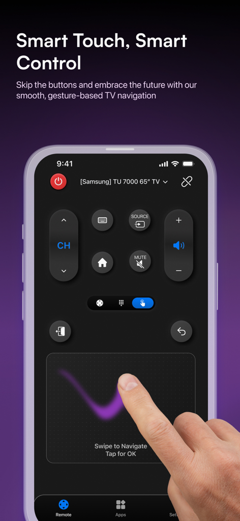Connect TV Remote - スマートTVナビゲーション用のジェスチャーベースのタッチパッドを特徴とするConnect TV Remoteアプリインターフェース