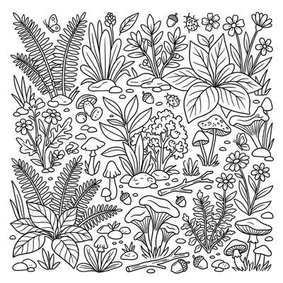 Invite your child to explore the miniature world of the forest floor with this engaging coloring page, perfectly designed for kids aged 4-8. Packed with delightful plants, fungi, and tiny woodland inhabitants, it's a fantastic way to spark their creativity and appreciation for nature.