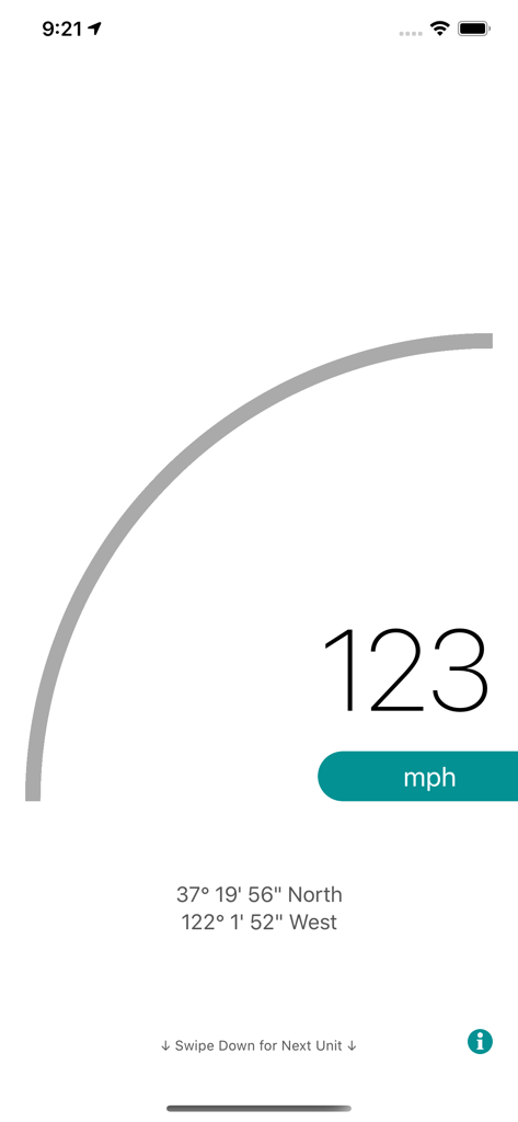 Speedometer – How Fast Am I? - Digital speedometer screen showing 123 mph and GPS coordinates
