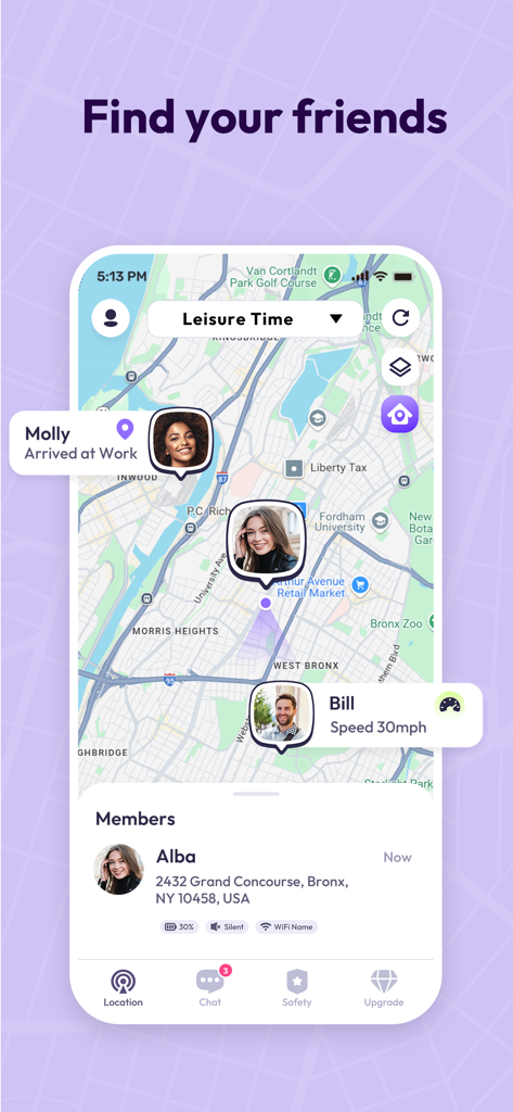 Interfaz de la aplicación Link360 mostrando un mapa con ubicaciones de miembros de la familia, alertas de velocidad y estado de la batería