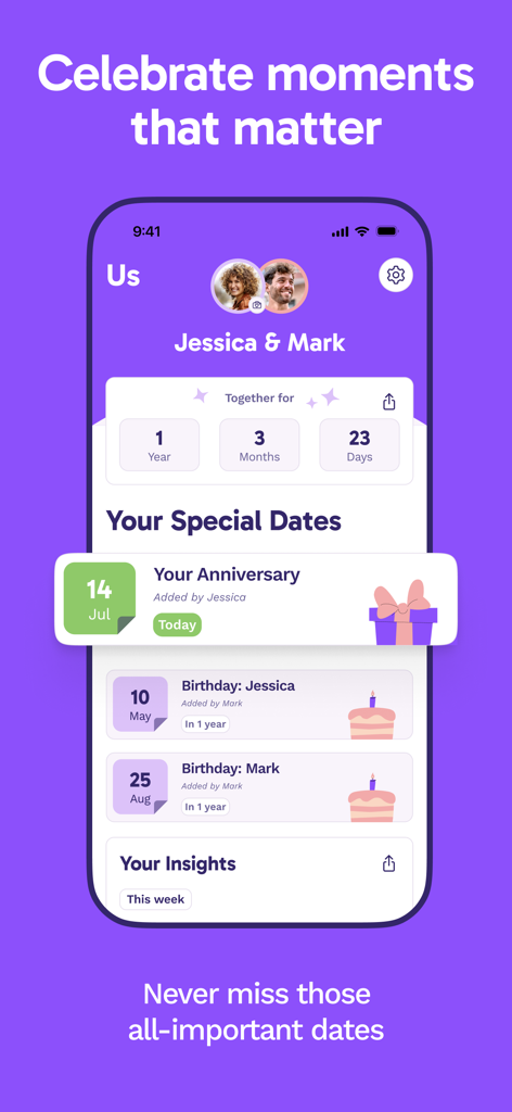 Paired app interface showing relationship milestones and special dates for a couple