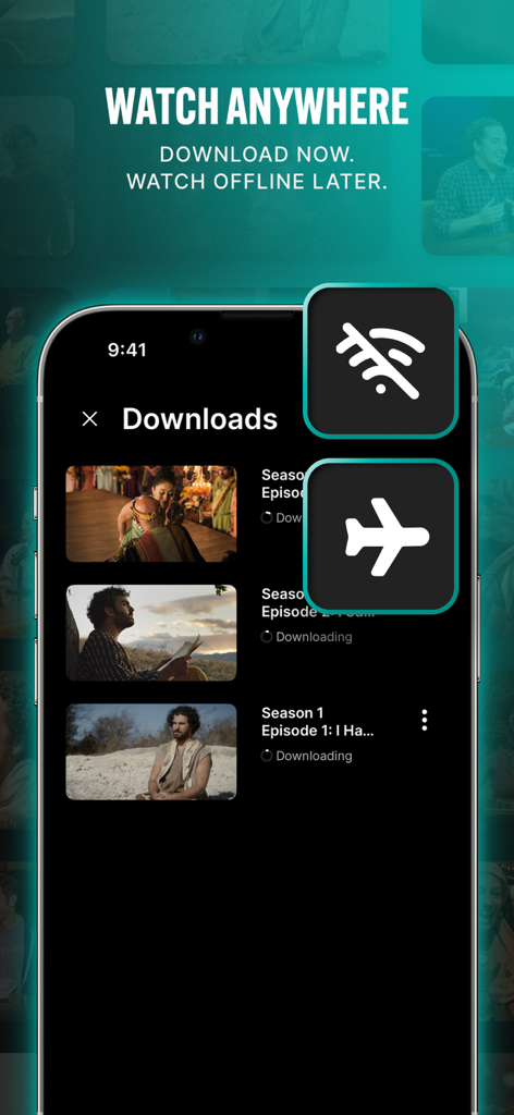 Smartphone displaying The Chosen app downloads screen with episodes ready for offline viewing.