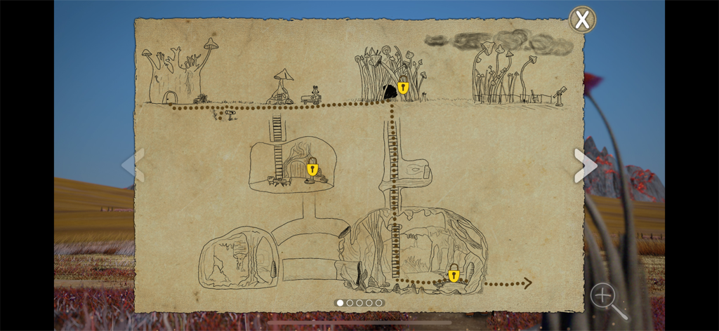 Hand drawn sketch map on parchment showing underground levels and paths in the game Avolteha