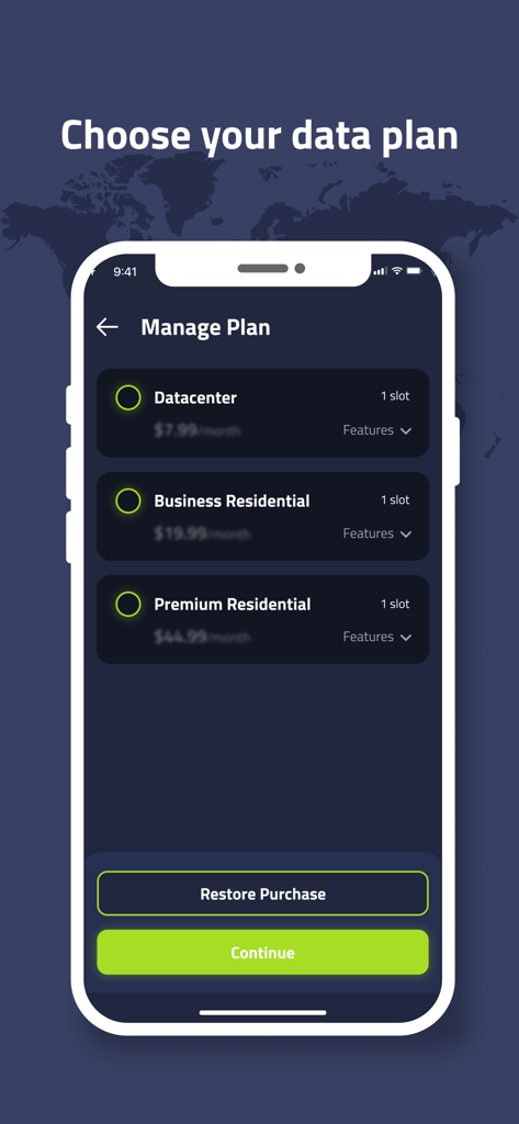 Residential VPN - Interface of the StarVPN app showing subscription plan options for Datacenter, Business Residential, and Premium Residential connections.