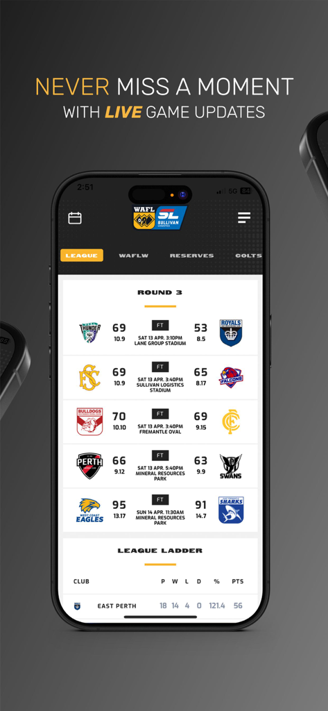 Official WAFL App interface displaying live game scores and league ladder
