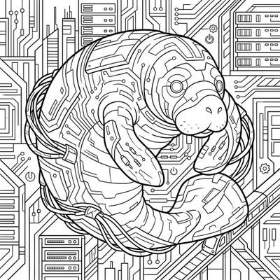 Unleash your creativity with this striking African Manatee coloring page, reimagined in an electrifying cyberpunk style. Its detailed circuit patterns and futuristic urban background offer a truly unique artistic adventure.